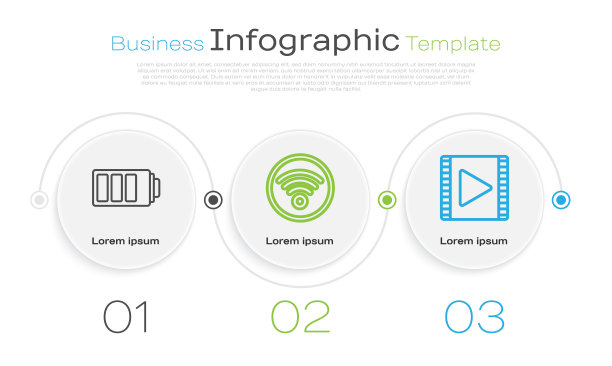 设置线路电池电量指示灯，Wi-Fi无线上网和播放视频。业务信息图表模板。向量图片下载