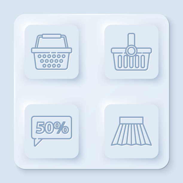 集线购物篮，购物篮，五折标签和裙子。白色方形按钮。向量图片下载