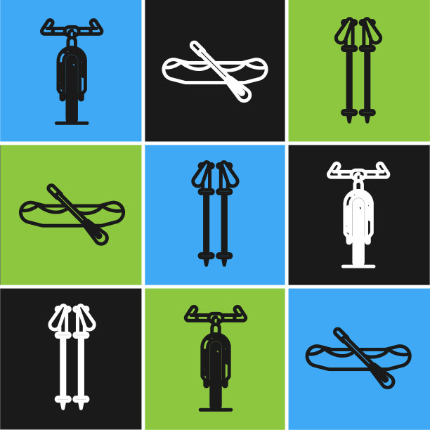 设线自行车，滑雪杖和漂流船图标。向量图片下载