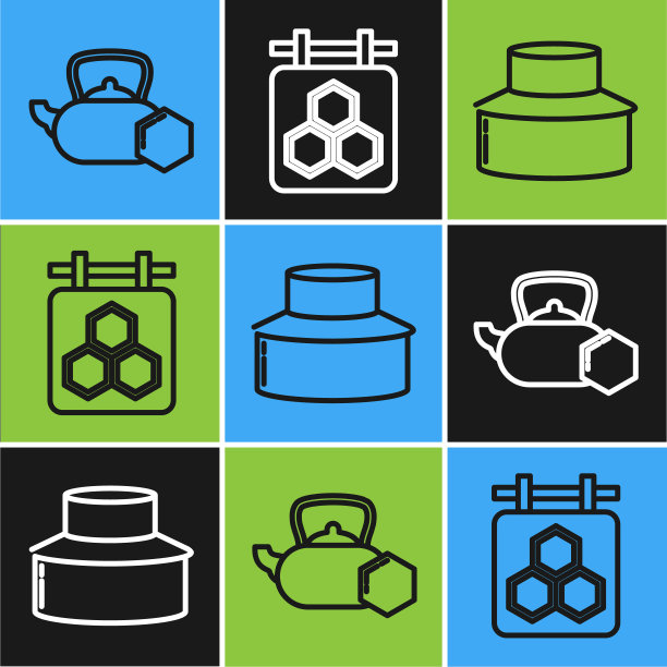 设蜂蜜茶壶、护帽养蜂人、蜂巢图标挂牌。向量图片下载