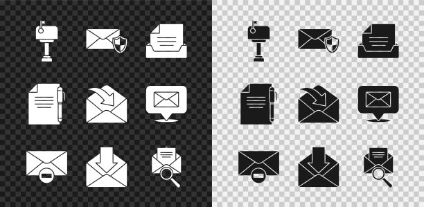 设置邮箱，带屏蔽的信封，抽屉文件，删除信封，放大镜，文件和笔和图标。向量图片下载