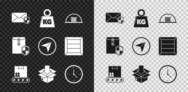 套信封与盾牌，重量，机库，输送带纸箱，纸板交通标志，快速时间交付，和信息图的城市地图导航图标。向量图片下载