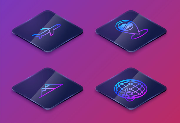 设置等距线平面，山脉，地图指针与罗马竞技场，意大利和全球与飞行飞机。蓝色方形按钮。向量图片下载