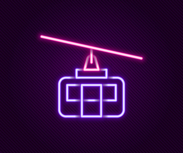 发光的霓虹灯线缆车图标孤立的黑色背景。缆索的迹象。色彩缤纷的轮廓概念。向量图片下载