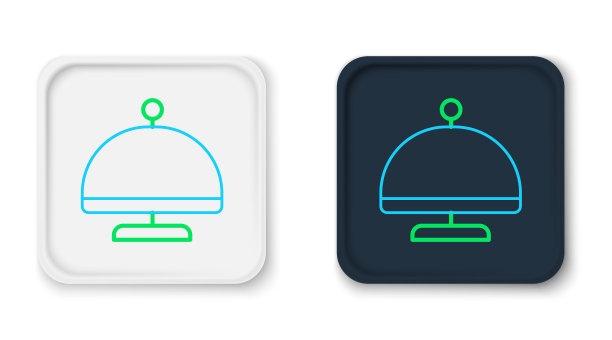 线覆盖着一个托盘的食物图标孤立的白色背景。托盘和盖子标志。带盖子的餐厅挂钟。色彩缤纷的轮廓概念。向量图片下载