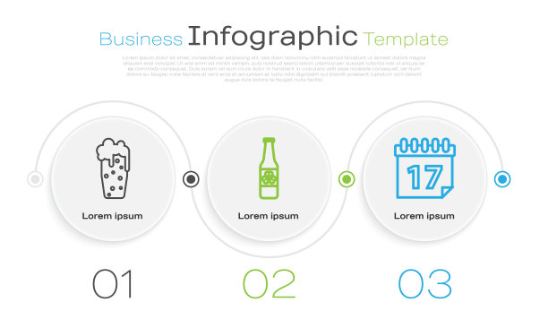 设置线啤酒玻璃杯，啤酒瓶与四叶草和圣帕特里克节日历。业务信息图表模板。向量图片下载