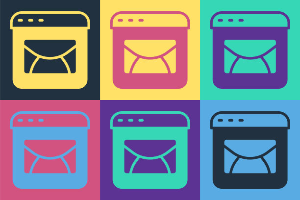 波普艺术邮件和电子邮件图标孤立的彩色背景。信封符号e-mail。电子邮件消息标志。向量图片下载