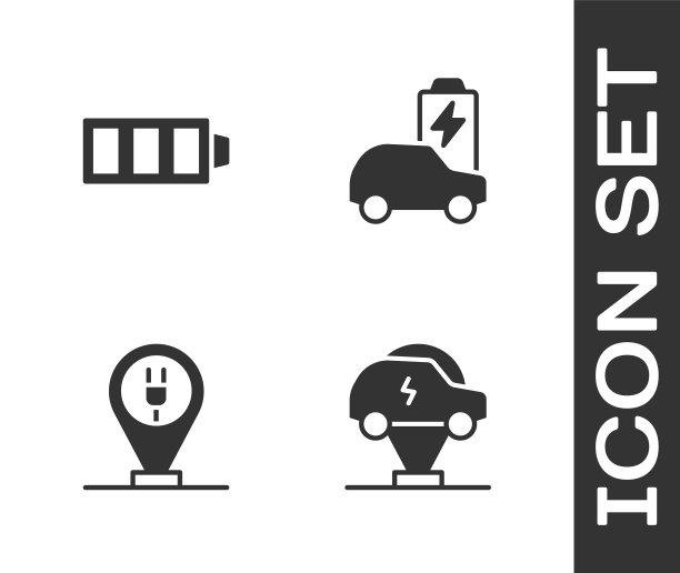 设置电动汽车，电池充电，充电停车电动和图标。向量图片下载
