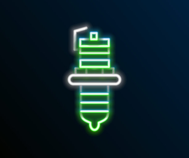 发光的霓虹灯线汽车火花塞图标孤立的黑色背景。汽车电蜡烛。色彩缤纷的轮廓概念。向量图片下载