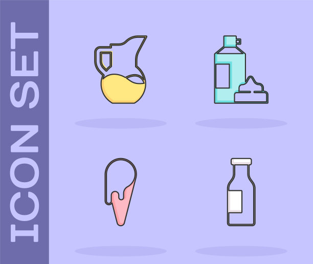 集瓶与牛奶，牛奶罐或水罐，冰淇淋在华夫蛋筒和鞭打瓶图标。向量图片下载