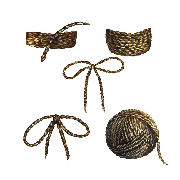 一根麻绳，一个蝴蝶结和一个结，一套他们的天然黄麻线。孤立在白色背景上。水彩手绘插图。为设计传单，横幅，包装和标签。图片下载