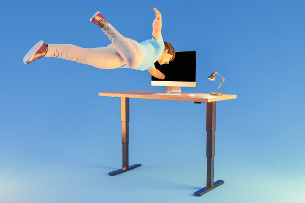 漂浮在空中的商人被吸进了电脑显示屏;超现实压力沉浸与虚拟现实概念;无限背景下孤立的办公桌;三维演示图片下载