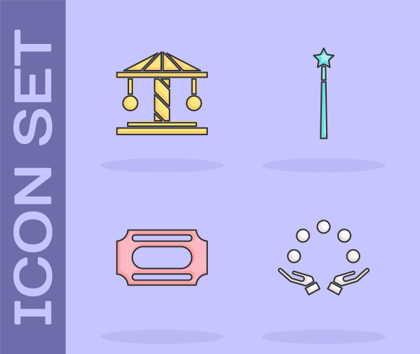 集杂耍球，吸引旋转木马，马戏团门票和魔术棒图标。向量图片下载