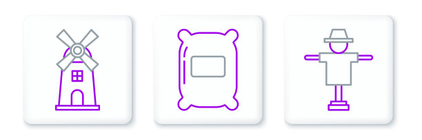 设置线稻草人风车和面粉袋图标图片下载