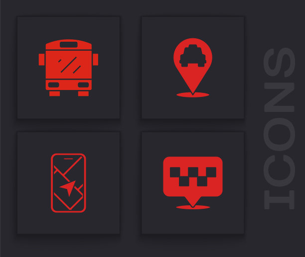 设置位置与出租车，公共汽车和城市地图导航图标。向量图片下载