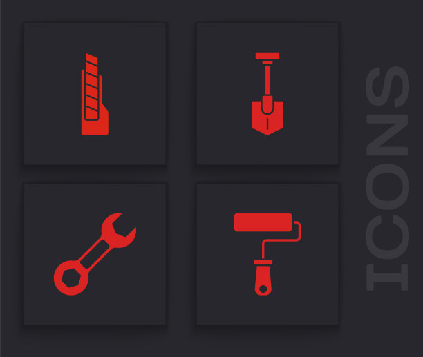 设置油漆辊刷，文具刀，铲子和扳手扳手图标。向量图片下载