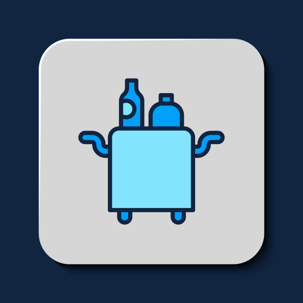 填充轮廓推车的食品和饮料图标孤立的蓝色背景。向量图片下载