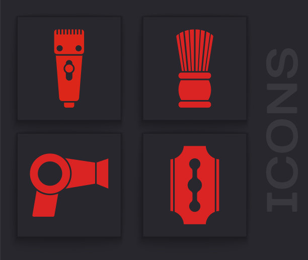 设置刀片剃刀，电动剪发器或剃须刀，剃须刷和吹风机图标。向量图片下载