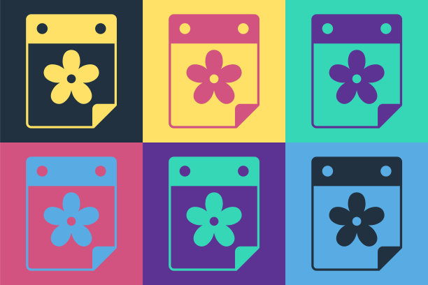 波普艺术日历与花图标孤立的彩色背景。向量图片下载