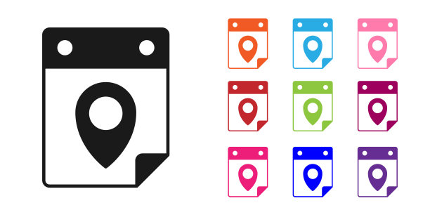 黑色旅行计划日历图标孤立的白色背景。有计划的假日旅行。设置图标彩色。向量图片下载