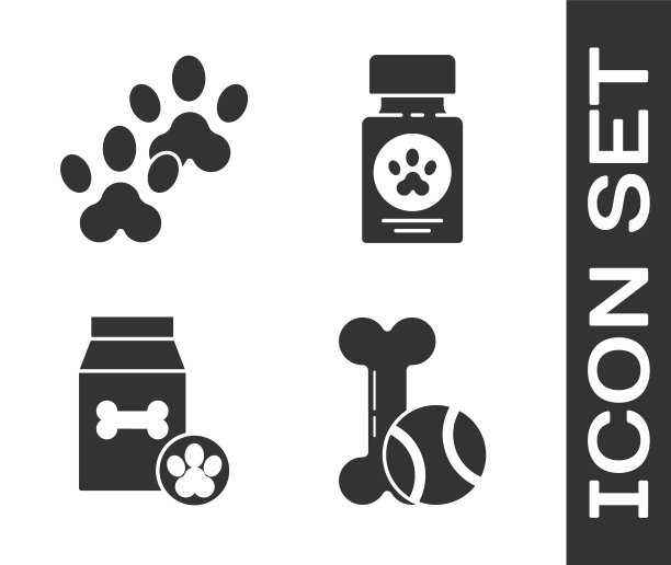集宠物玩具骨橡胶和球，爪印，宠物食品袋和狗药瓶和药丸图标。向量图片下载