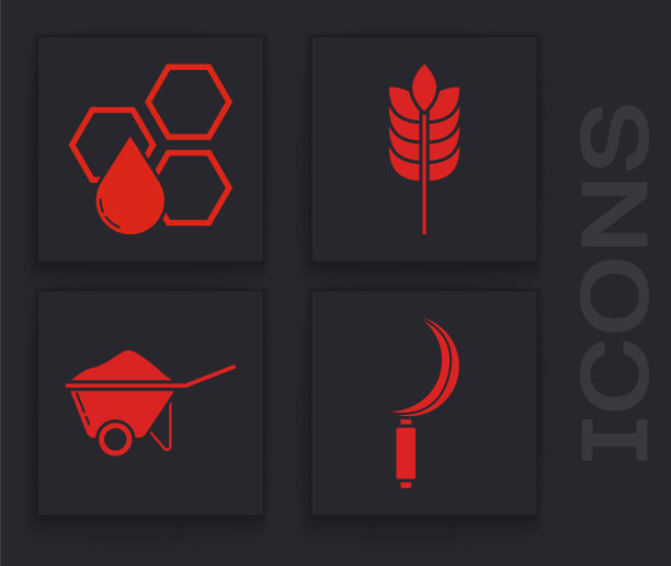 集镰刀，蜂窝，谷物与大米，小麦，玉米，燕麦，黑麦和手推车与泥土图标。向量图片下载