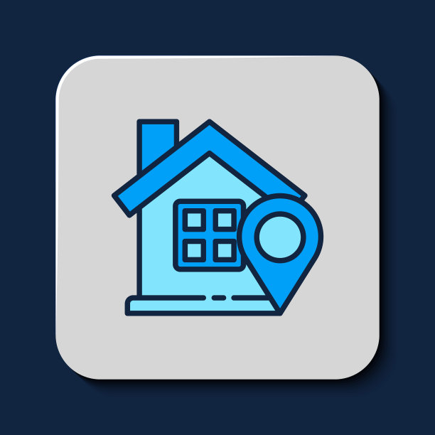 填充轮廓地图指针与房子图标隔离在蓝色背景。主位置标记符号。向量图片下载