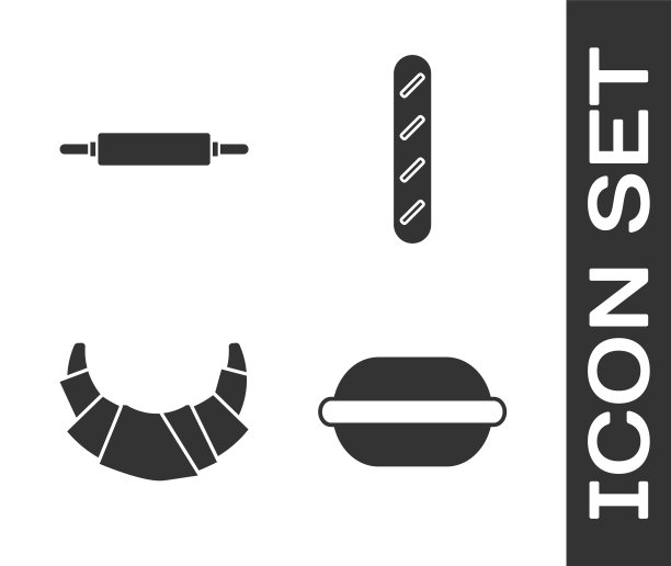 设置马卡龙饼干，擀面杖，牛角包和法国法棍面包图标。向量图片下载