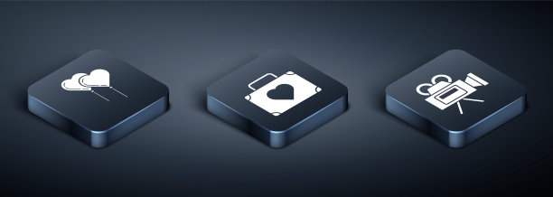 集等距气球形式的心脏与丝带，电影相机和行李箱旅行与心脏图标。向量图片下载