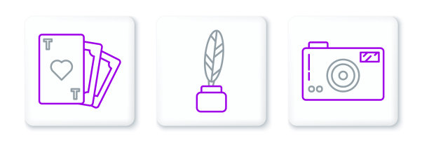 设置线照片相机，扑克牌与心脏符号和羽毛和墨水瓶图标。向量图片下载