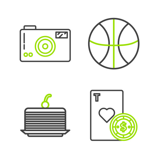 设置线赌场芯片和扑克牌，蛋糕，篮球和照片相机图标。向量图片下载