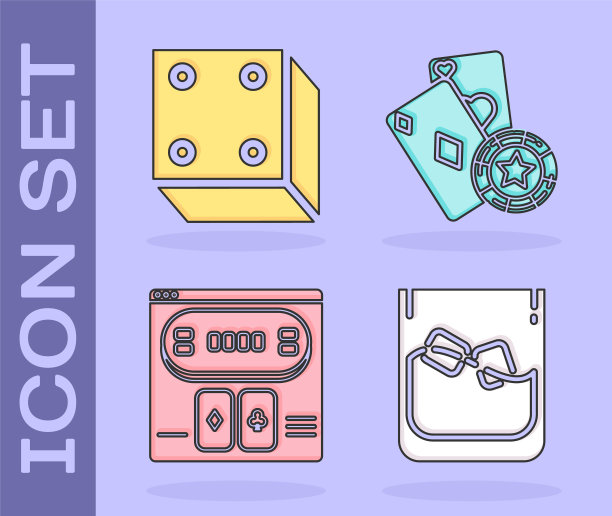 集玻璃杯威士忌和冰块，游戏骰子，在线扑克桌游戏和赌场芯片和扑克牌图标。向量图片下载