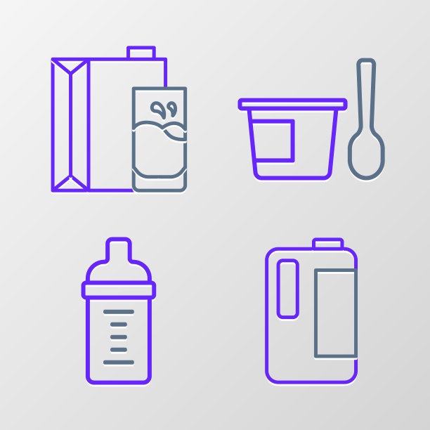 设置塑料瓶装牛奶，婴儿牛奶，带勺子的酸奶容器和纸包装图标。向量图片下载