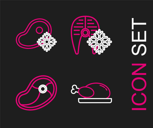 设线烤火鸡或鸡肉，牛排肉，新鲜冷冻鱼牛排和图标。向量图片下载