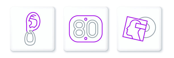 设置线乙烯基磁盘，耳朵与耳环和80年代的复古图标。向量图片下载