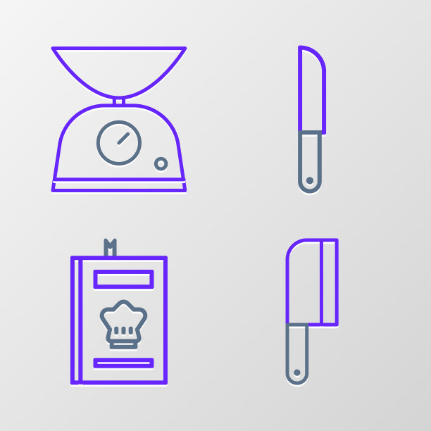 设置线肉斩，食谱，刀和鳞片图标。向量图片下载