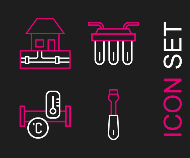 集线螺丝刀，工业金属管道，水过滤器和供应管道图标。向量图片下载