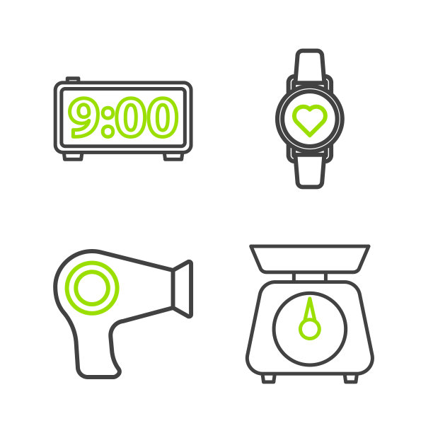 设置线秤，吹风机，智能手表显示心率和数字闹钟图标。向量图片下载