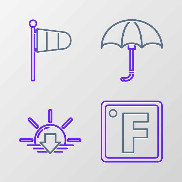 设定线华氏度，日落，经典优雅打开伞和圆锥气象风袜风向标图标。向量图片下载