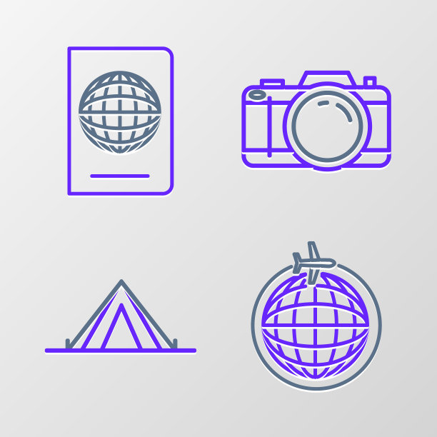 设置线地球飞行飞机，旅游帐篷，照相机和护照生物识别数据图标。向量图片下载