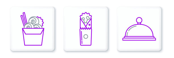 设置线覆盖着一盘食物，亚洲面条在纸盒和筷子和多纳烤肉的图标。向量图片下载