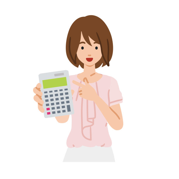 一位工作风格随意的女性，面带微笑地推荐、提议、展示估算并指着计算器图片下载