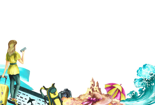 乘飞机去海边旅行。画框带有一个女孩带着行李箱的形象，具有大海、沙滩和假日的属性。水彩插图。用于传单，横幅，明信片。用于邀请，海报。图片下载
