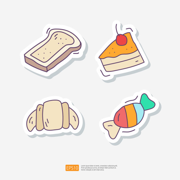 面包片，蛋糕，羊角包和糖果。涂鸦贴纸图标集。咖啡厅概念矢量图图片下载