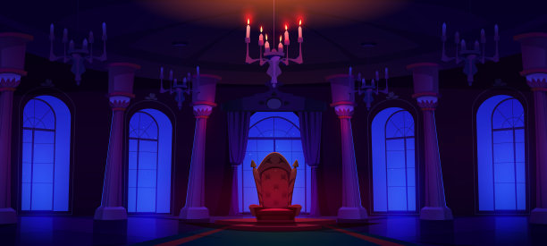 夜城堡宫殿大厅与宝座和聚光灯图片下载