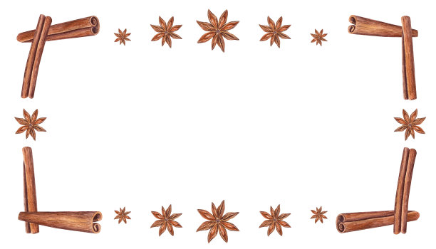 水彩矩形框架肉桂，八角茴香在白色。圣诞节和新年手绘插图棕色香料的问候，卡片，包装图片下载