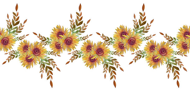无缝边缘与水彩花束花向日葵和树枝与树叶在白色的背景。画框或织物的手绘边框。秋天的婚礼庆典。包装或墙纸图片下载