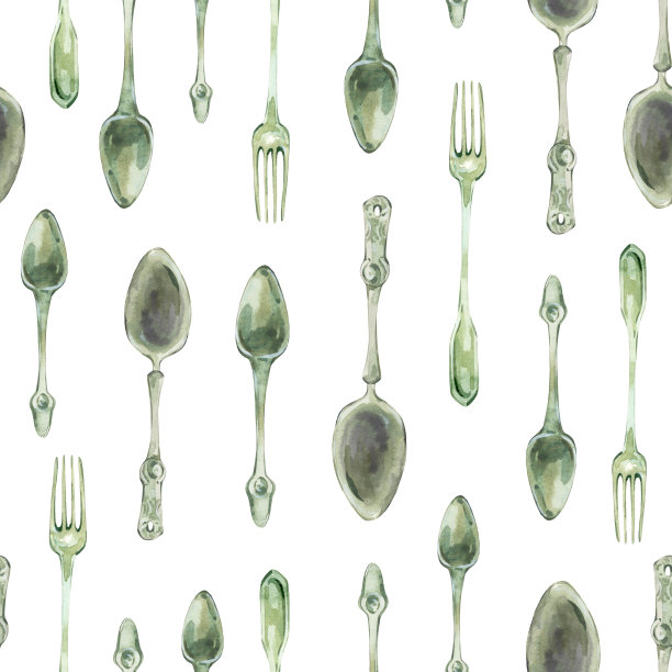 水彩复古厨房用具无缝图案。白色背景上的银勺和银叉。图片下载