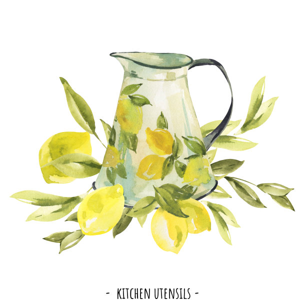 水彩复古水壶与柠檬隔离在白色背景。图片下载