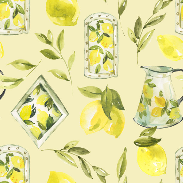 水彩复古质朴无缝图案，黄色背景上的柠檬白色水壶。图片下载